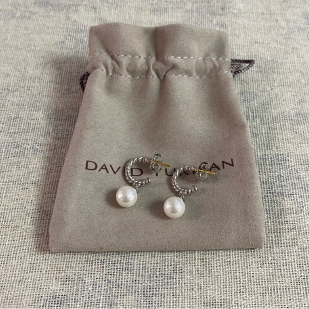 David Yurman Sterling Cable Hoop Earrings with White Pearl Drops
